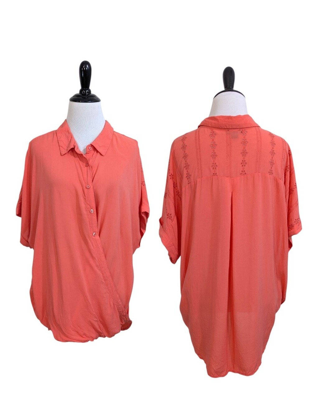 New Directions Coral Orange Slant Button Faux Wrap Blouse - Size XL Womens